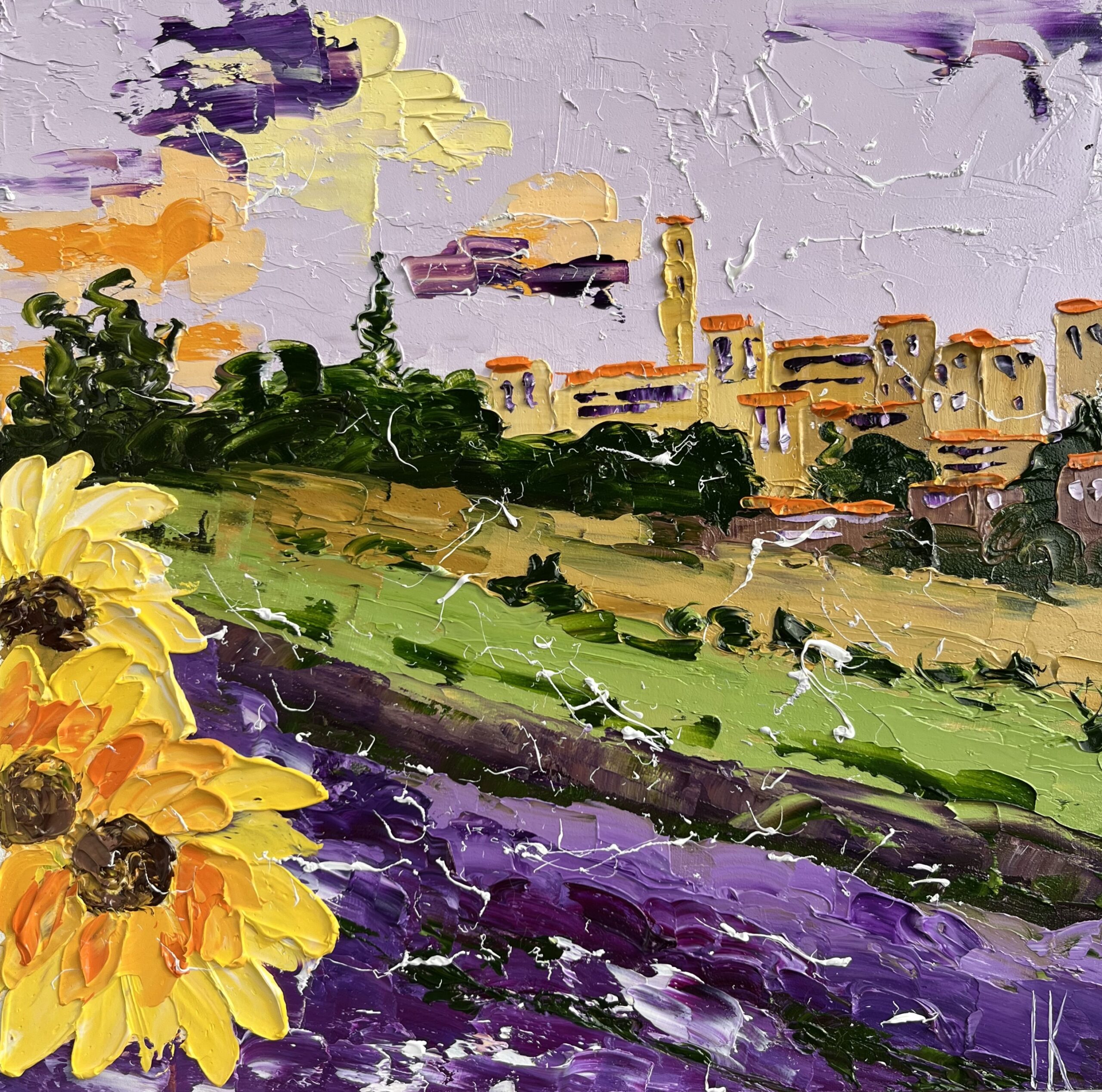 Provence French Countryside Lavender Sunflowers oil impasto painting