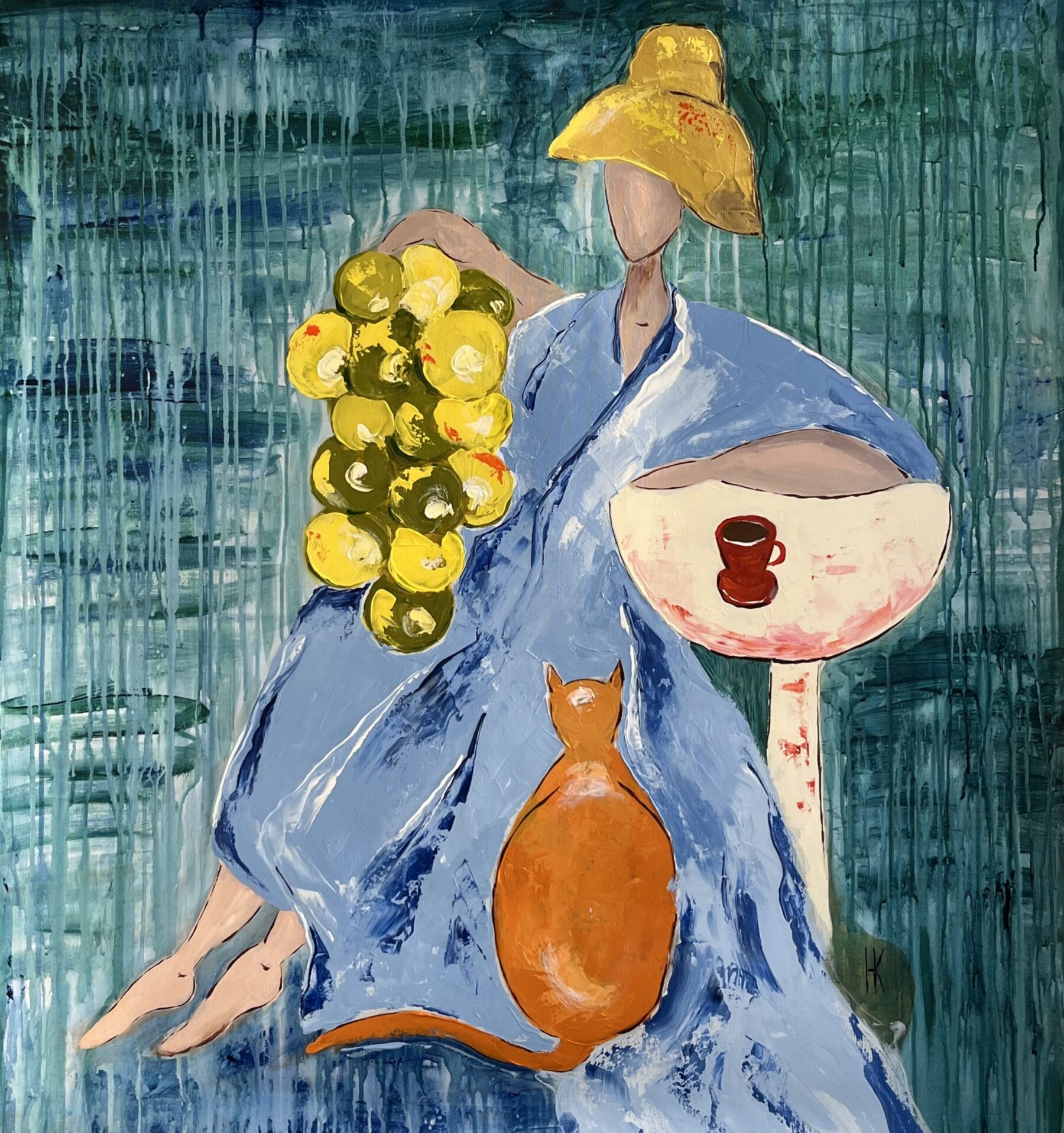 woman cat original painting